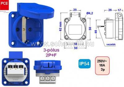 PCE 105-OB beépíthető dugalj 16A 2P+E IP54 250V~ kék 1.