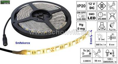 TRACON LED-SZ-96-WW LED szalag beltéri SMD3528; 120 LED/m; 9,6W/m; 480 lm/m; W=8 mm; 3000°K; IP20 1.