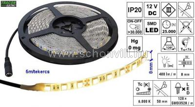 TRACON LED-SZ-96-CW LED szalag, beltéri SMD3528; 120 LED/m; 9,6 W/m; 400 lm/m; W=8 mm; 6000 K; IP20 1.