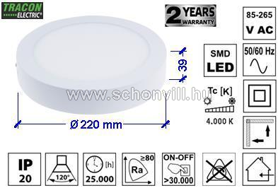 TRACON LED-DLF-18NW Falonkívüli LED mélysugárzó kerek fehér 85-265V AC; 18W 1200lm Ø220mm 4000K IP20 1.