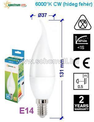SPECTRUM 14226 LED-es csepp - gyertya fényf. 230V 8W 680lm E14 CW (hideg fehér) 17000h 1.