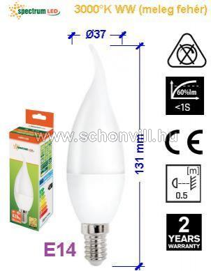 SPECTRUM 14225 LED-es csepp - gyertya fényf. 230V 8W 620lm E14 WW (meleg fehér) 17000h 1.