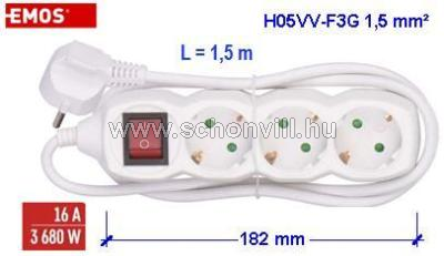 EMOS P1321R Hosszabbító 1,5 m / 3 aljzat / kapcsolós / fehér / PVC / 1,5 mm² 1.