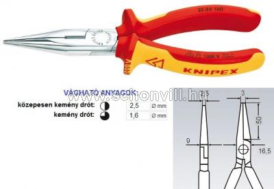 Knipex 25 06 160 Csúcsos-lapos-kerekcsőrű fogó vágóéllel, 1000V; L=160 mm; krómozott 1.