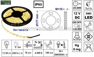 TRACON LED-SZK-72-CW Led szalag kültéri SMD5050; 30 LED/m; 7,2 W/m; 330 lm/m; W=10 mm; 6000°K; IP65 1.