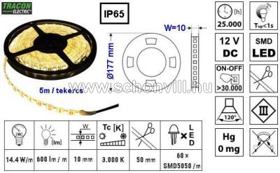 TRACON LED-SZK-144-WW LED-szalag kültéri SMD5050; 60 LED/m; 14,4 W/m; 720 lm/m; W=10 mm 3000°K; IP65 1.