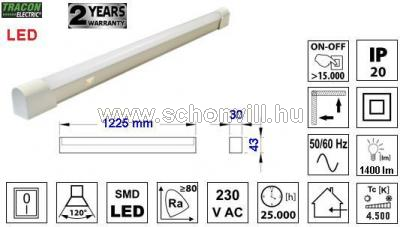TRACON TLLED20W LED T8 bútorvilágító lámpatest 230V 50Hz 20W 1400lm 4500K 1225mm EEI=A+ 1.