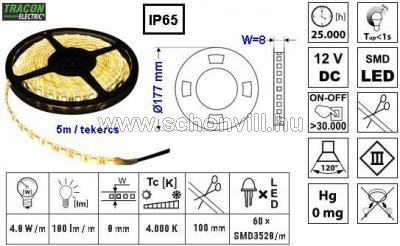 TRACON LED-SZK-48-NW LED szalag, kültéri SMD3528; 60 LED/m; 4,8 W/m; 180 lm/m; W=8 mm; 4000 K; IP65 1.
