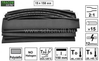 TRACON ZSBB-SET Zsugorcső készlet, vékonyfalú, 2:1 zsugorodás, fekete 15×150mm, POLIOLEFIN 1.