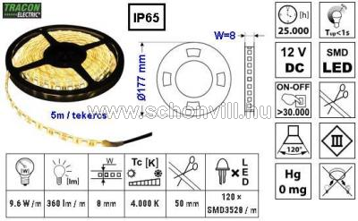 TRACON LED-SZK-96-NW LED szalag, kültéri SMD3528; 120 LED/m; 9,6 W/m; 360 lm/m; W=8 mm; 4000 K; IP65 1.