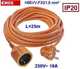EMOS P01225R 25m-es hosszabbító PVC H05VV-F 3G1,5 mm² 250V~ 16A 3680W 1xaljzat, narancssárga 1.