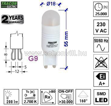 TRACON LG93W LED fényforrás 230VAC 3W 2700K G9 200lm 160° EEI=A+ 1.