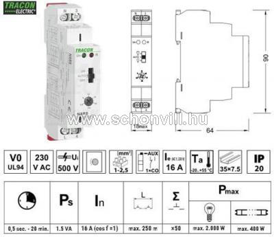 TRACON NARS Lépcsőházi időkapcsoló 230V AC, 0,5-20min, 16A/AC1, 250VAC/24VDC 1.
