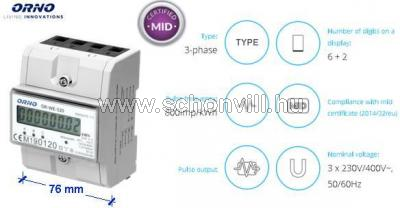 ORNO OR-WE-520 Fogyasztás-almérő digitális 3-fázis, DIN sínre 3x45(100)A, 0-100A, MID hiteles 1.