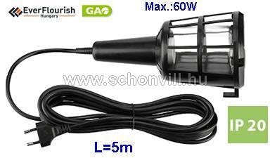 GAO 6902H Stecklámpa 60W 230V E27 fekete műanyag kosár, üvegbúra, 5m H05VV-F 2x0,75mm² 1.