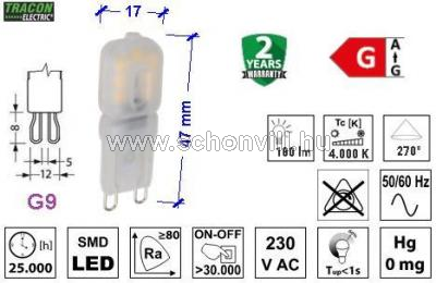 TRACON LG9X2,5NW LED fényforrás műanyag házban 230VAC 2,5W 4000°K G9 180lm 270° EEI=G 1.