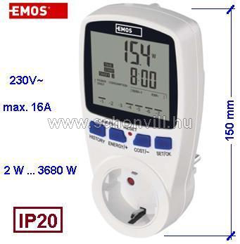 EMOS P5822 digitális villamos fogyasztásmérő 230V 16A 2-3680W 9999h FHT 9999 1.